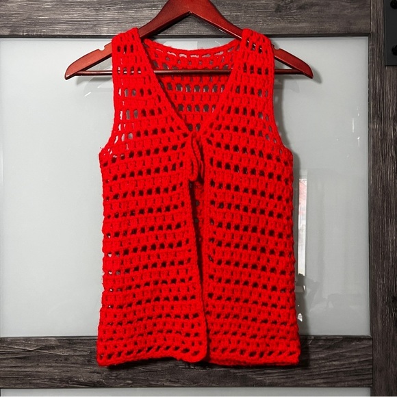 Tops - Vintage 1970's Handmade Crochet Red Tie Vest Retro Holiday Festival Hippie